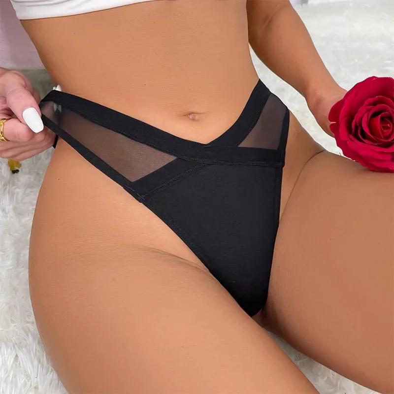Women Sexy Thong Low Waist Mesh Solid Color Transparent Panties Cotton Crotch Sexy Lingerie G String Women Tangas