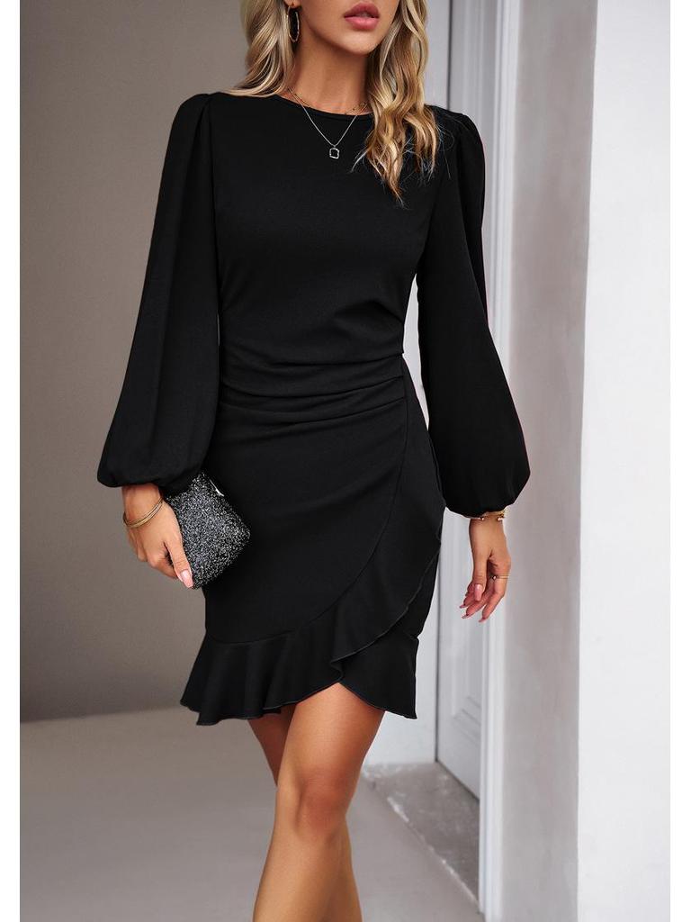 Spring/Summer 2026 Puff Sleeve Solid Color Bodycon Sheath Dress for Women