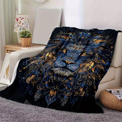 1pc Blue and Gold Ornate Lion Portrait Blanket Soft and Cozy for All Seasons, Living Room, Travel, Camping, Car Blankets