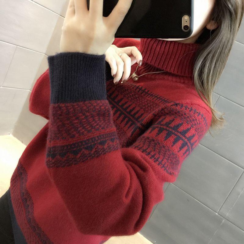 Sweater for Women Autumn Winter Thickened Warm Knitted Stretchy Long Sleeve Striped High Neck Sweater Tops