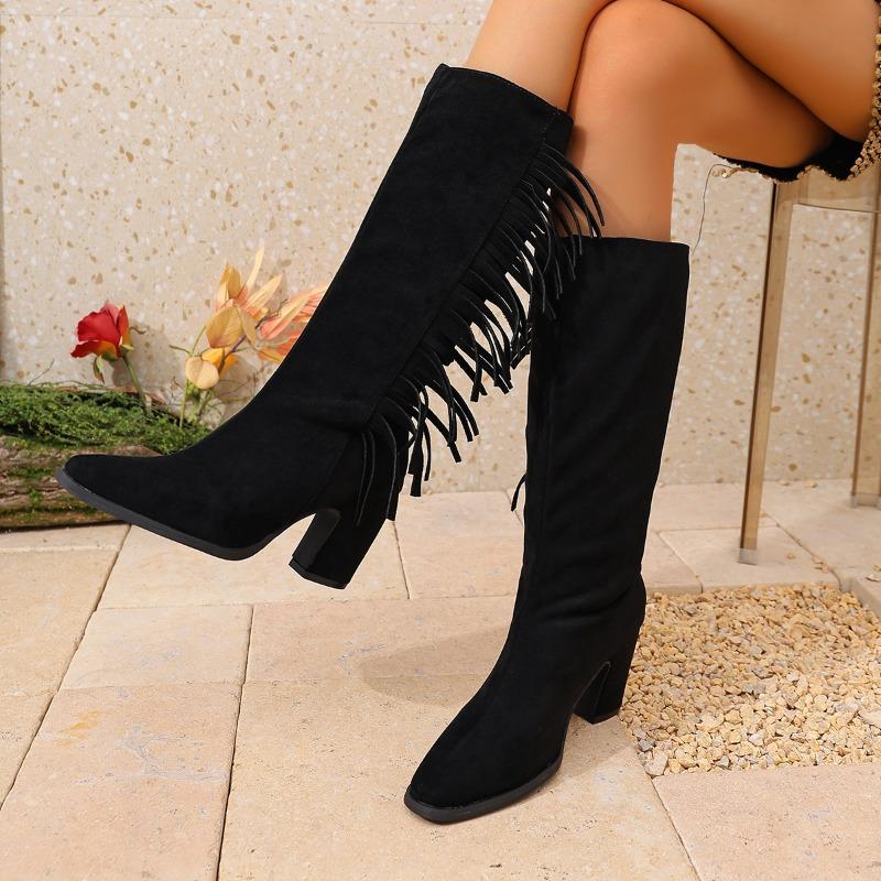 Tassel Block Heel Tall Boots Fashion Round Toe Side Zip Non-Slip High Heel Shoes for Women