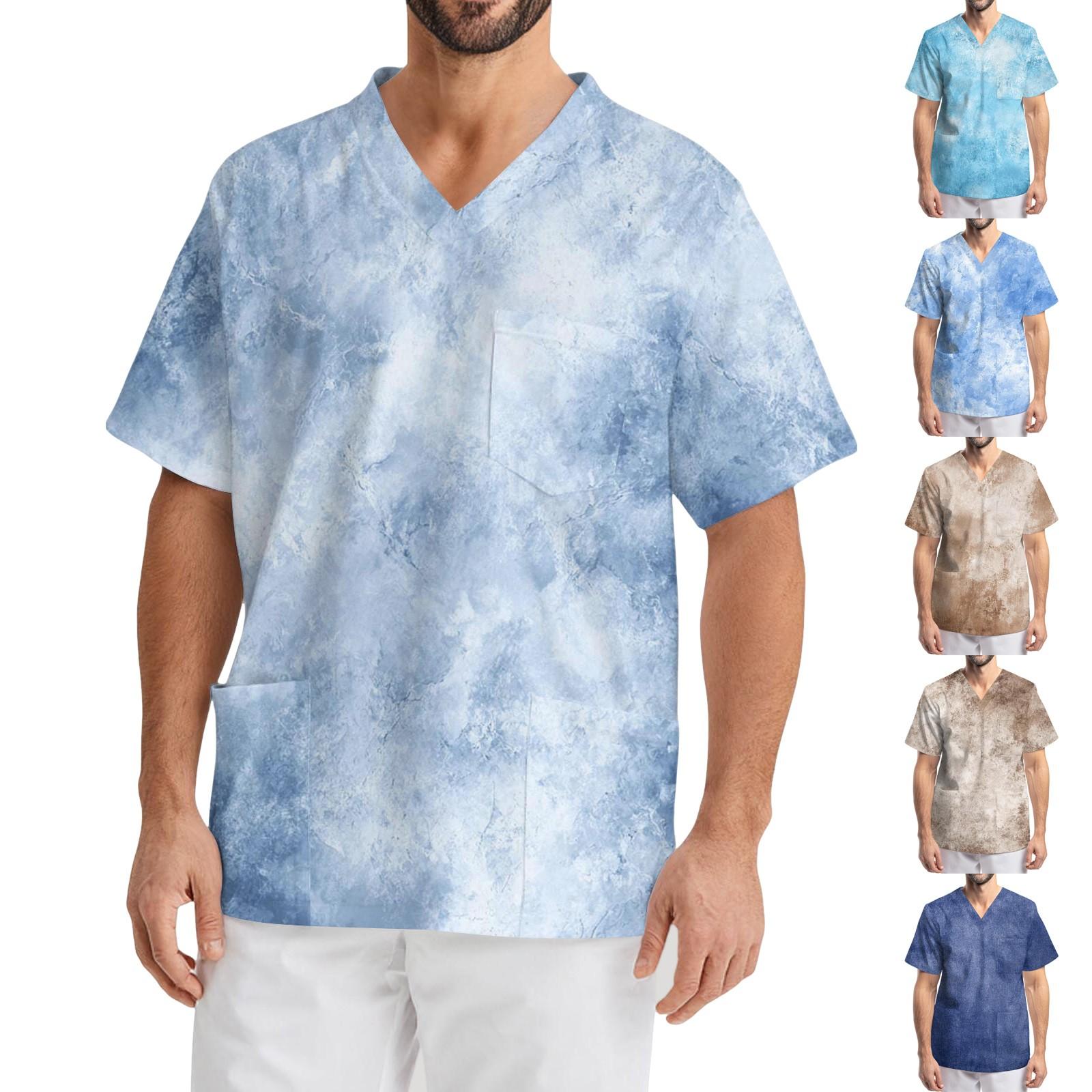 

Men s Printing Short Sleeve V-neck Working Blouse Chest Pocket Carer Top XL небо синє кольору