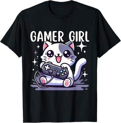 Gamer Girl Cat TShirt Cute Video Game Graphic Tee Soft Cotton Short Sleeve Round Neck