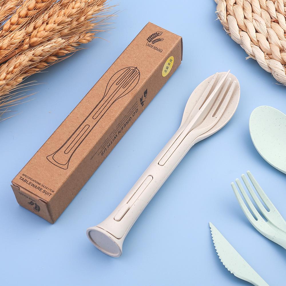 1pc Nordic Style Wheat Straw Children's Knife, Fork, and Spoon 3-in-1 Portable Cutlery Set