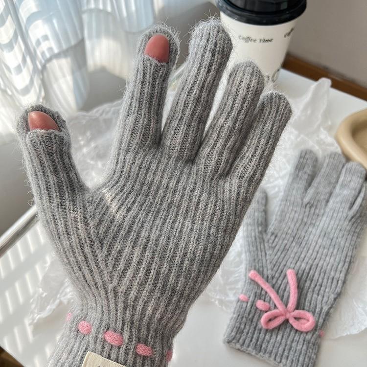 Autumn and Winter New Solid Color Cute Bow Korean Style Sweet Split Finger Touch Screen Student Cold Proof Warm Gloves