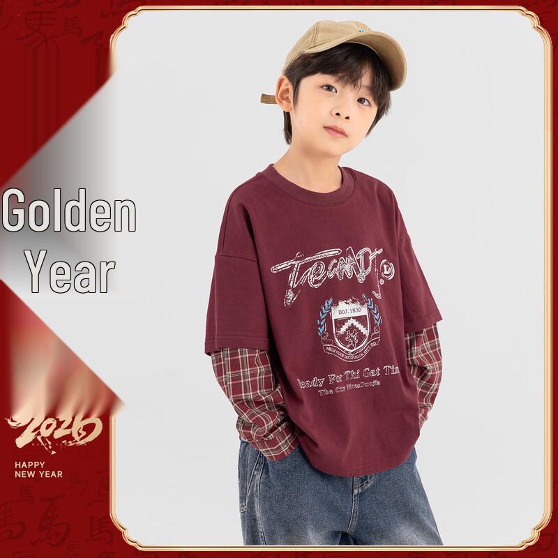 Duoduojia Boys  Faux Two-Piece Spliced Long Sleeve Vintage Print Sweatshirt 150