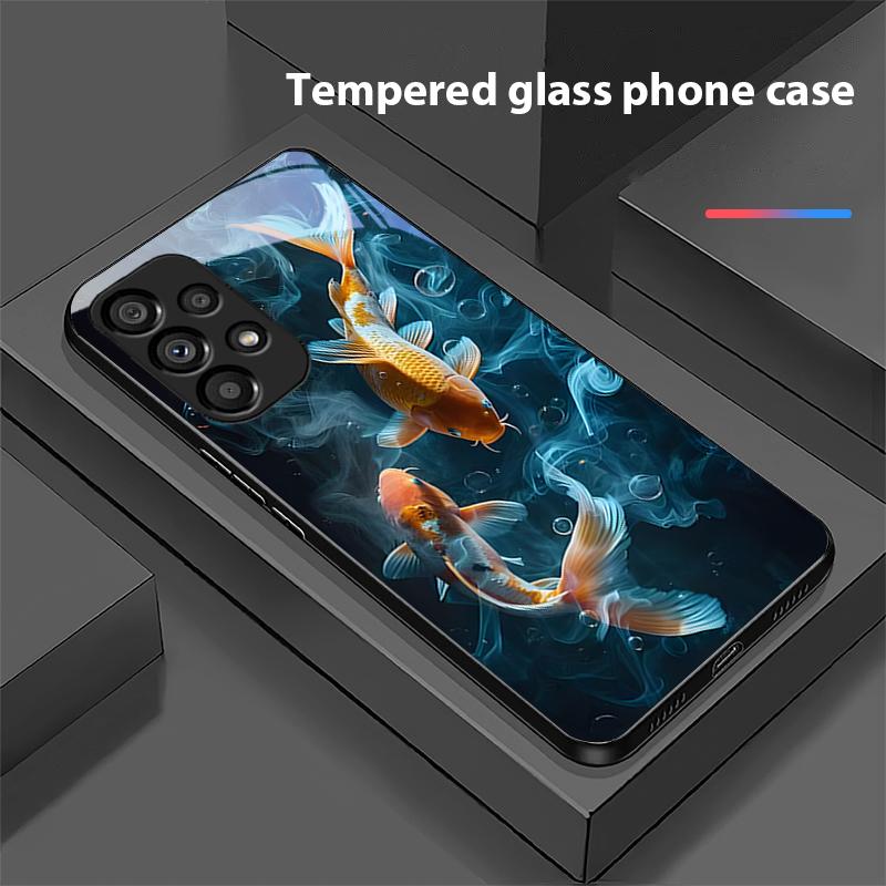 Chinese Wind Fish For Samsung Galaxy S 8 9 10 20 Plus 21 FE 22 23 24 Ultra S7 Edge Black Tempered Glass Phone Case Hard Shell