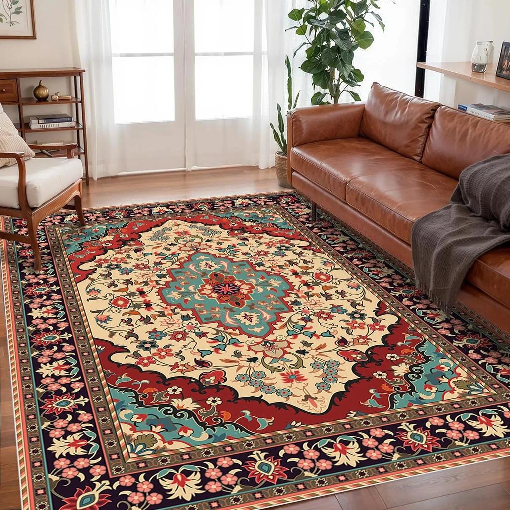 Vintage Ethnic Rug Stain-Resistant and Durable Bedside Rug for Bedroom, Sofa and Recliner Rug for Living Room Home Decor