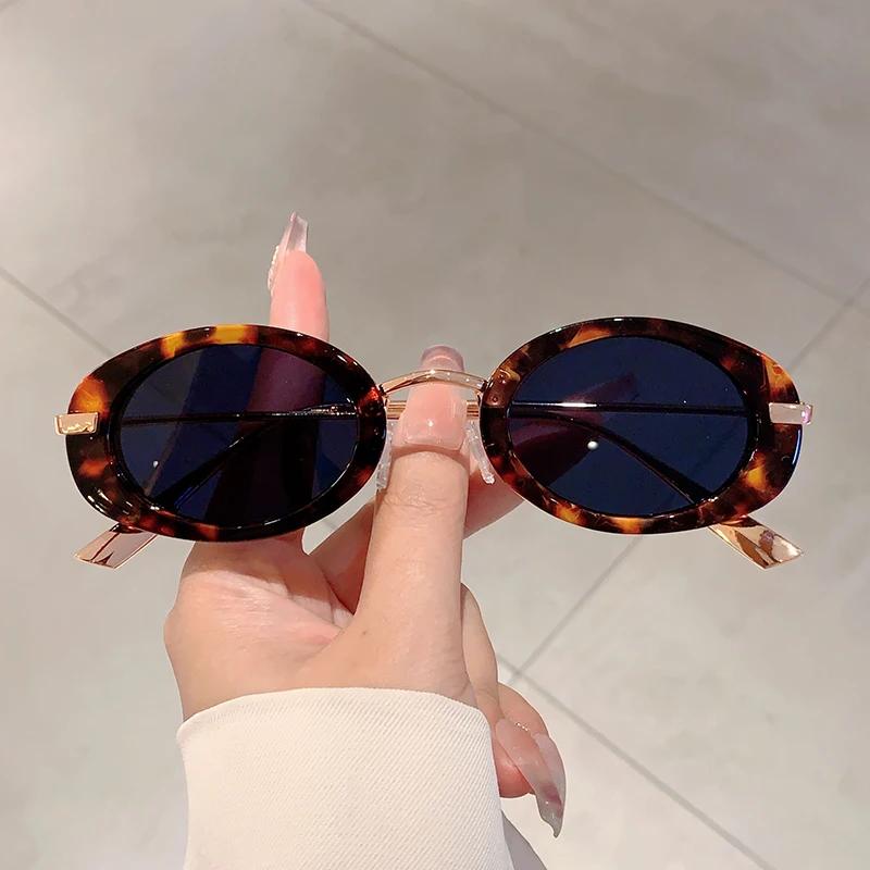 Small Oval Frame Retro Sunglasses Luxury Metal Designer Shades Women's Trendy Fashion Brand Leopard Beach Sun Glasses for Lady