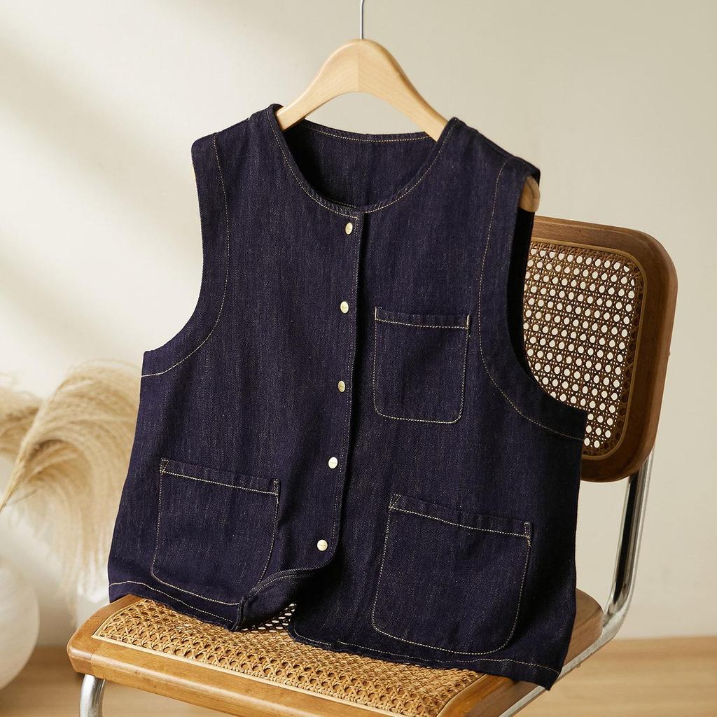 Bieyang Women's Artistic Retro Three-Pocket Denim Vest - High-End Early Autumn Versatile Coat