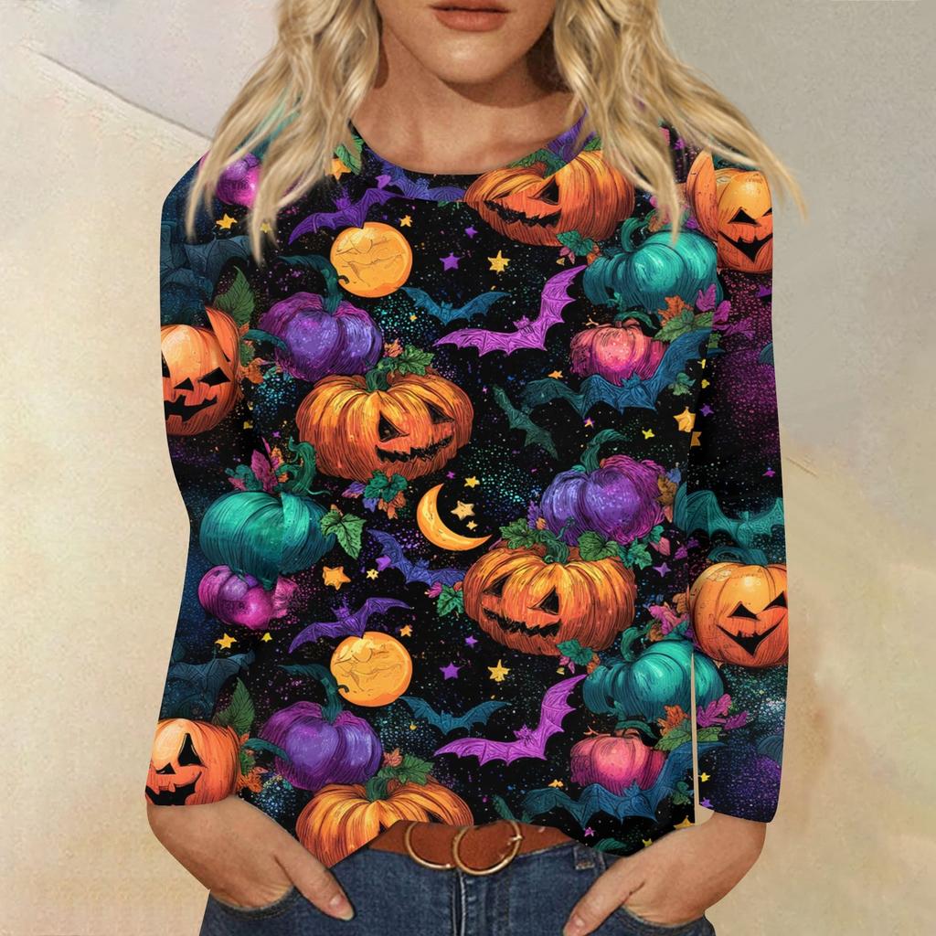 Modisches, lässiges Langarm-Oberteil mit Rundhalsausschnitt und Halloween-Print für Damen