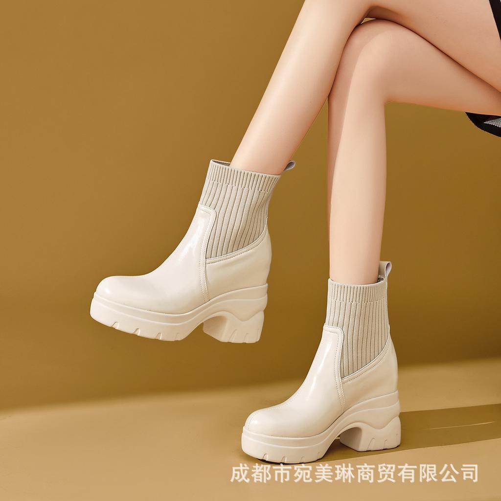 Leather Thick-soled Inner Height-increasing Short Boots Women's 2025 New Wool Tube Thick Heel Waterproof Table Muffin Bottom Elastic Martin Boots