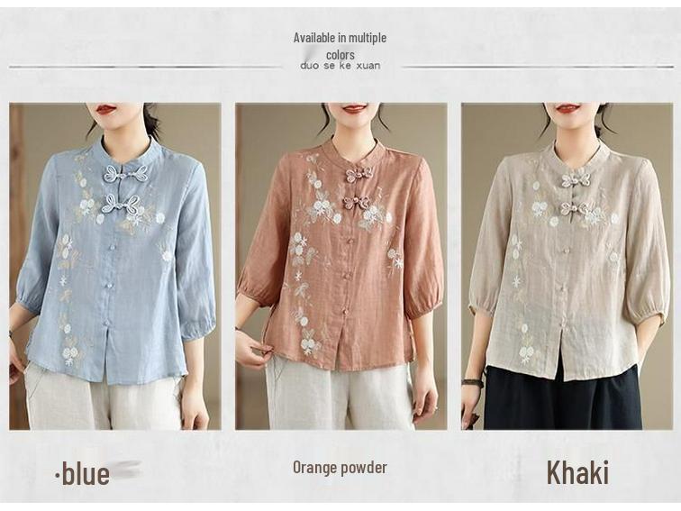 Dámská retro vyšívaná košile z bavlny a lnu se žabkovými knoflíky a stojáčkem