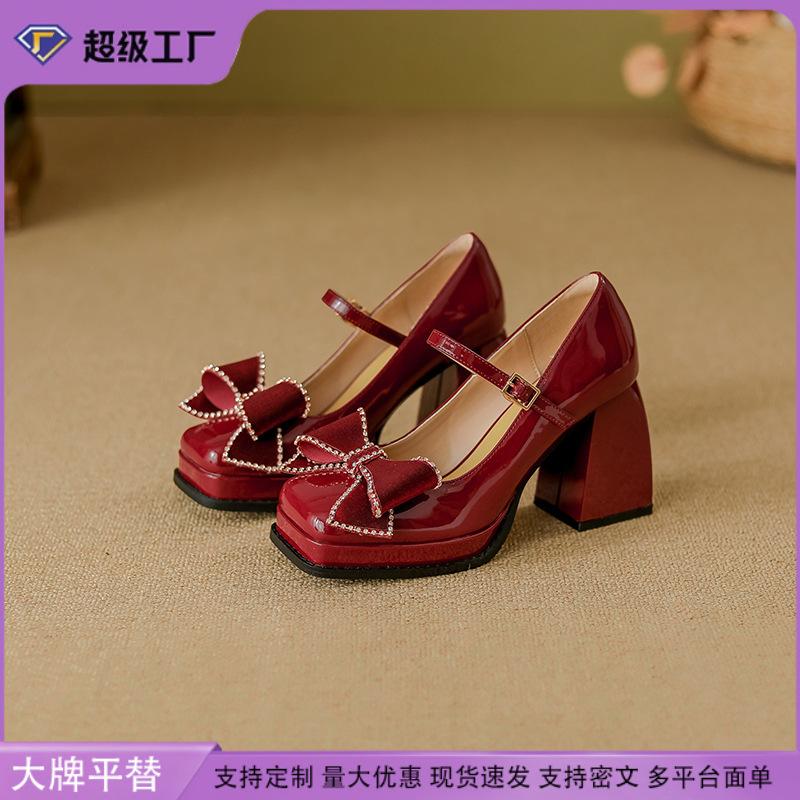 Mary Jane High Heels Women's Lace Bow Single Shoes 2025 Spring New Shallow Mouth Women's Shoes Small Height