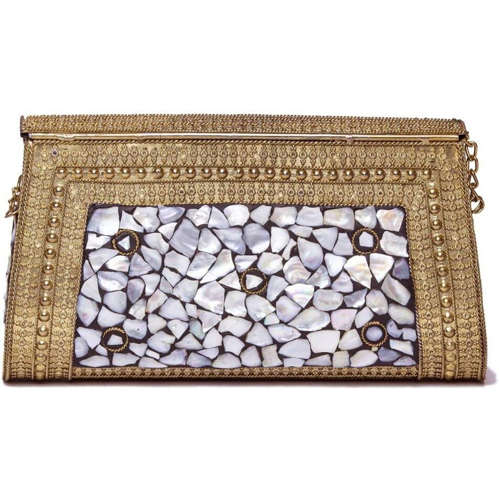 White Women Clutch Antique Indian Handmade Square Mosaic Metal Bag Women/Girls Bridal Metal Clutch