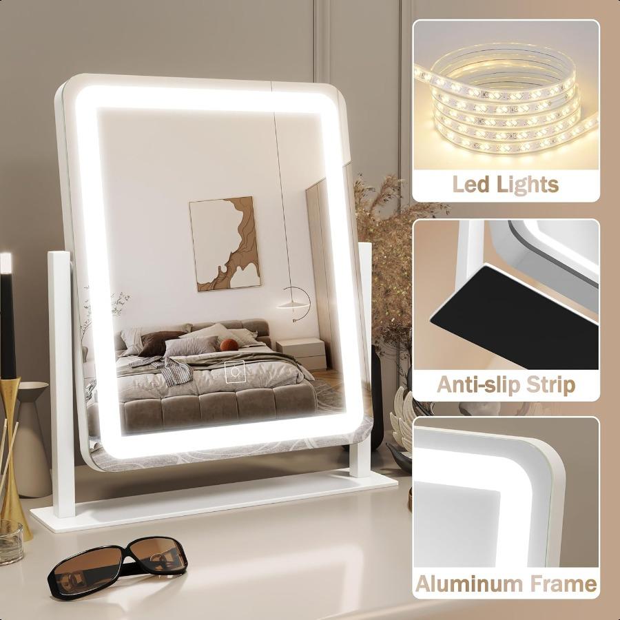 Lighted Makeup Mirror Vanity Mirror with Lights for Desk Tabletop Smart Touch with 3Color Lighting Dimmable 360 Rotation White