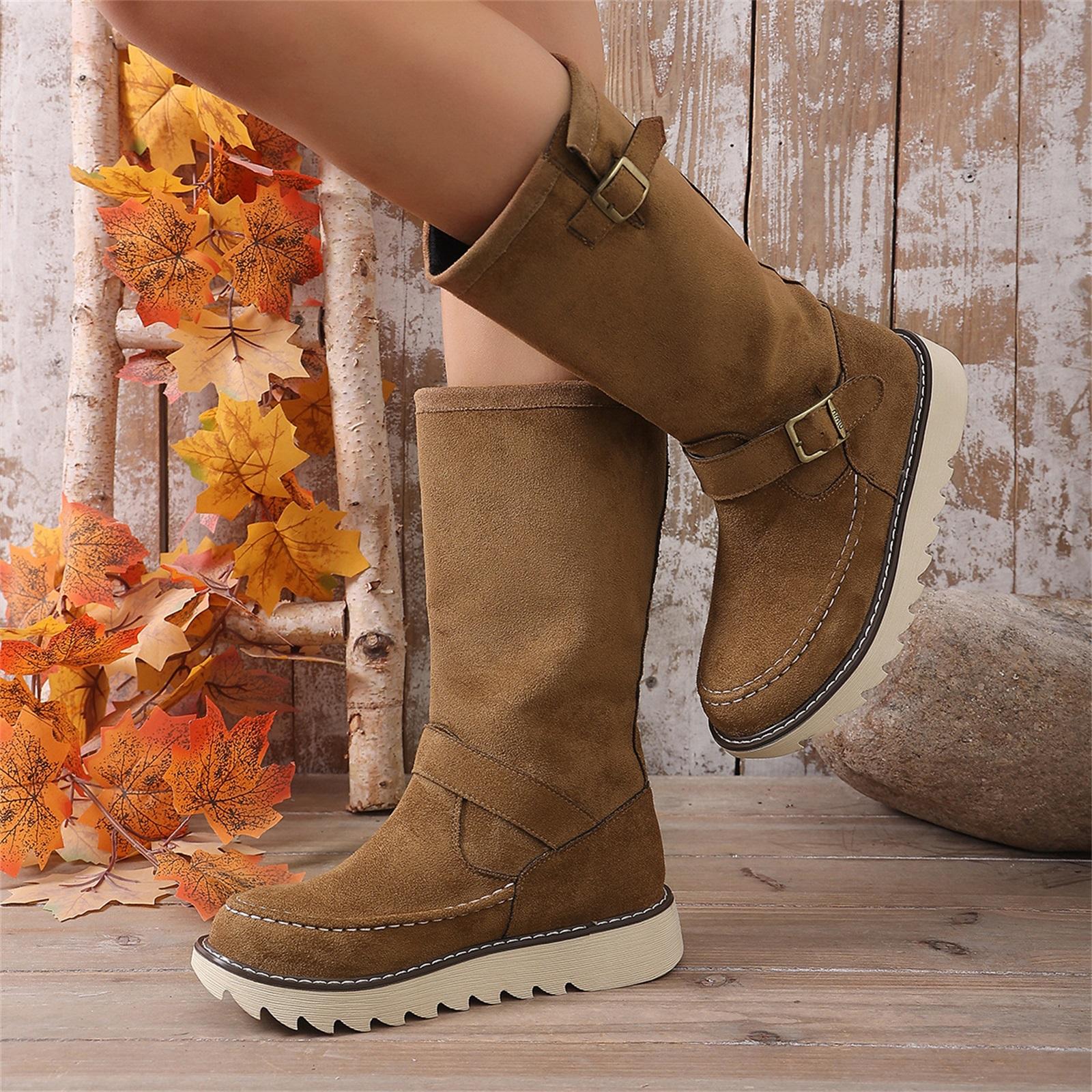 Women s Fashion Plus-Size Vintage Buckle Round-Toe Fashion Boots 43