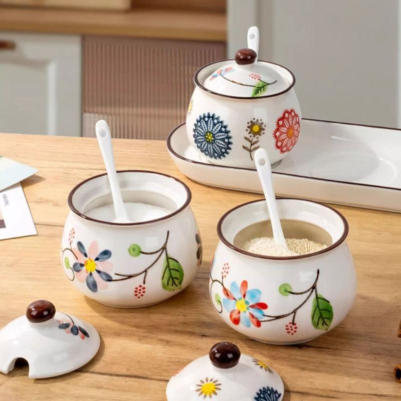 4 Piece Ceramic Spices Container Set Includes Decorative Tray Durable Kitchens Organizers for Spices Condiments