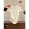 Korean Crew Neck Pleated Waist Thin White Short-sleeved T-shirt Women's Summer New Front Shoulder Slim Short Top