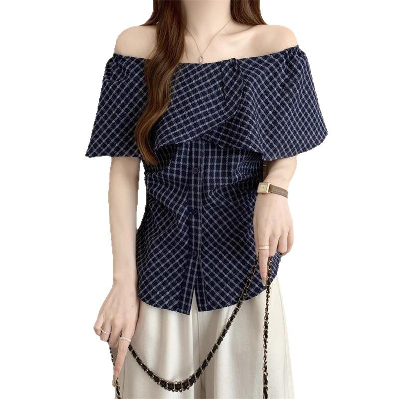 navy blue plaid ruffle edge shoulder short-sleeved shirt women's summer large size fat mm pinched waist off-shoulder top