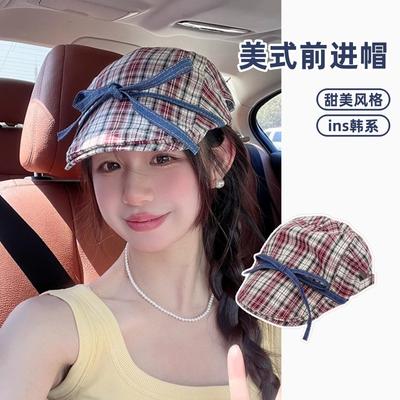 Unique Vintage Bow Tie Plaid Newsboy Cap Women Sweet Summer Thin Breathable Fashion Reversible Beret Cap