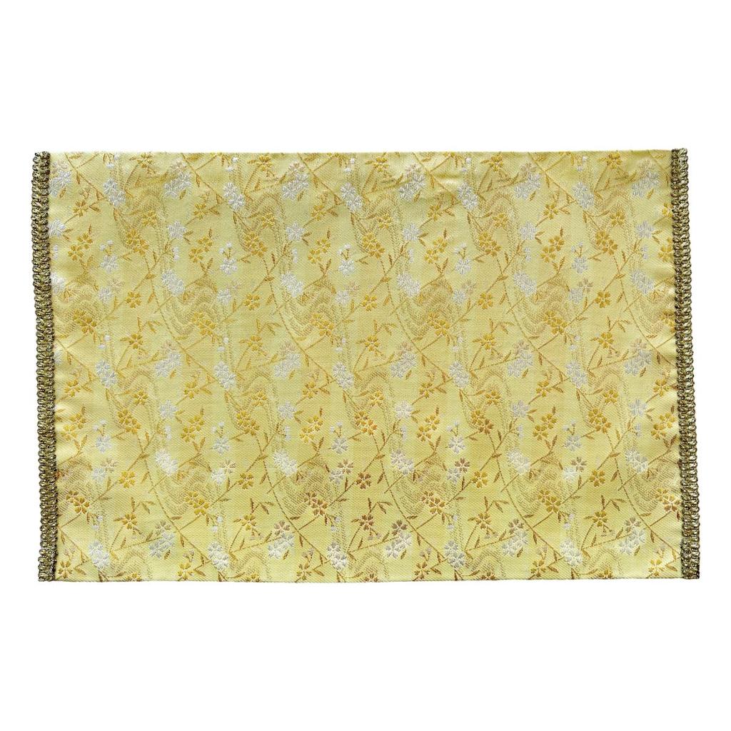 Gold Brocade Buddhist Altar Mat with Metal Loops, Flame-Retardant, Sizes 14, 16, and 18, 22.5 x 32cm, 26 x 38cm, and 28 x 43cm (Small Flower-Yellow,