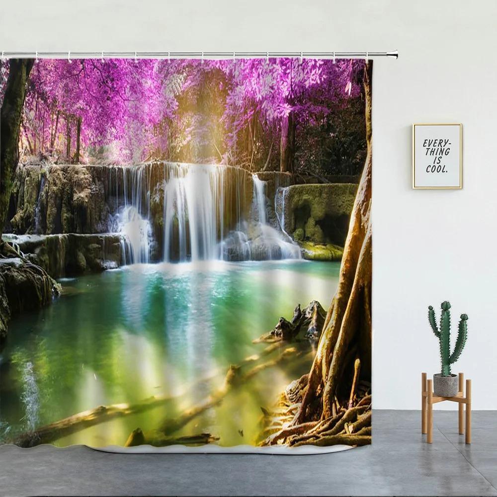 Forest Waterfall Landscape Shower Curtains Tropical Rainforest Green Bamboo Mountain Printed Fabric Luxury Bathroom Decor Hooks