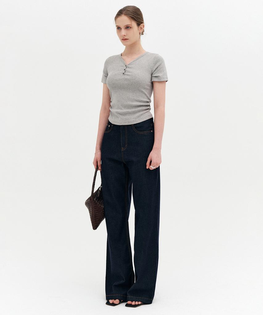 Lugkaeseuteu Sara Henley Neck Shirred T-Shirt_Melange Grey / Sara Henley Neck Shirred T-Shirt_Melange Grey