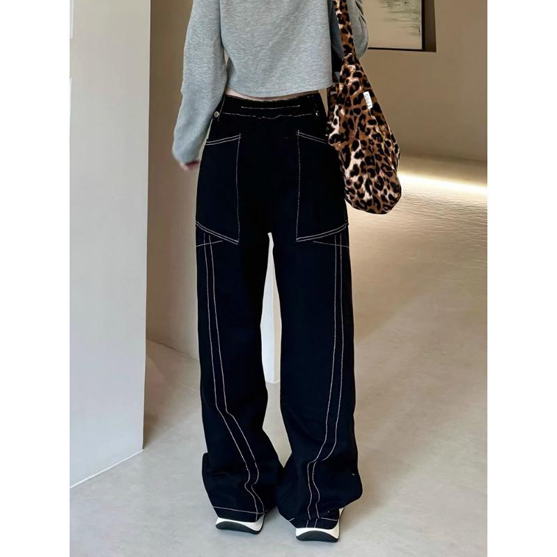 Fashionable Personalized Bright-line Personalized Straight Jeans Women In Spring and Autumn New American Retro Loose Wide-leg Pants