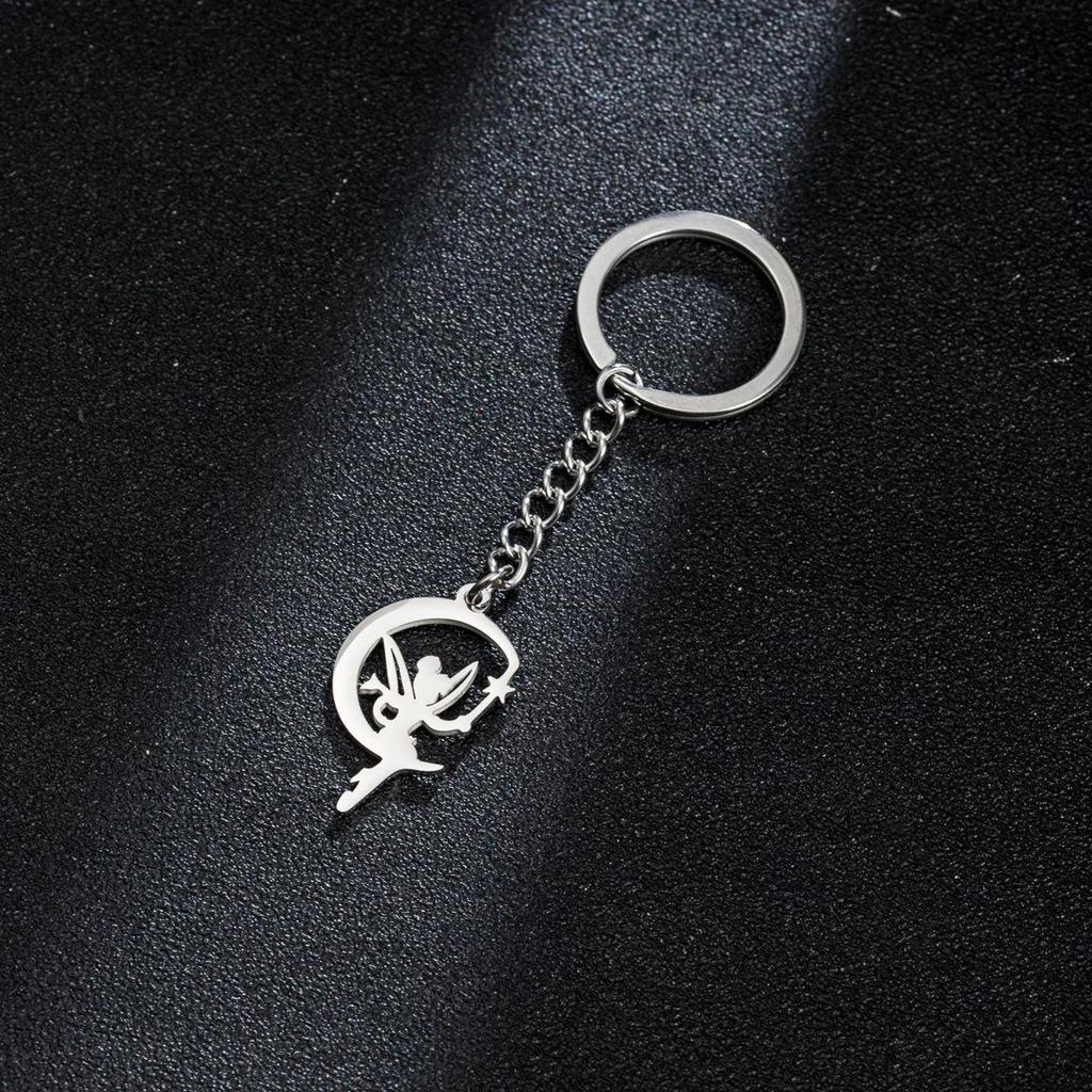Stainless Steel Crescent Moon & Fairy Butterfly Magic Wand Keychain Pendant