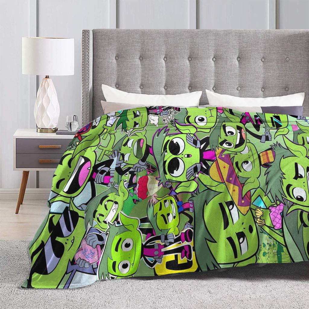 Teen Titans Go Beast Boy Decke Flugzeug Reise Flanell Bettwäsche Überwürfe für Couch Sessel Sofa Bett Super Weiche Tagesdecke Geschenkidee
