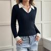 European 2026 Autumn/Winter Women's Polo Collar Knit Sweater - Simple Commuting Style, Fake Two-Piece Design