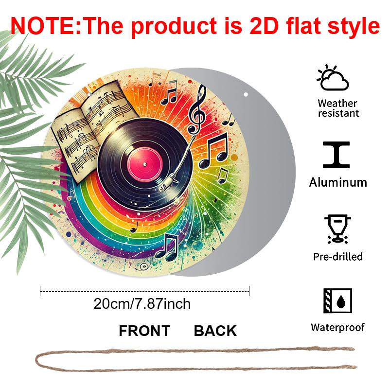 2D Flat - 1pc Vintage Round "Music Film" Metal Sign - Aluminum Wall Art with Vinyl Record & Musical Notes Design, Colorful Retro Decor for Garage