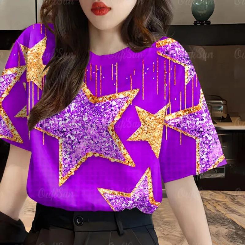 

Summer Hot Sale Beautiful Star 3D Print Short Sleeve round Neck T-Shirt Women s Fashionable Casual Polyester Top S