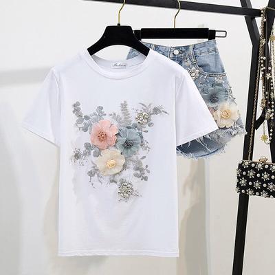 Moda Pamuklu Tişört Üstleri + Kısa Kot 2 Parça Setleri 2 Yaz kadın Kot Pantolon Kıyafetler 3D Çiçekler Boncuk Takım Elbise