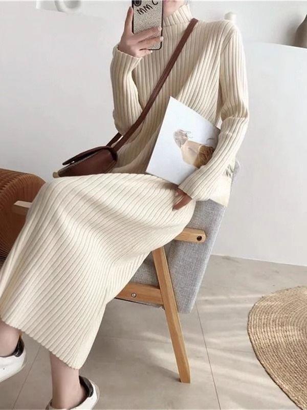 Women's Mid-Length Wool Knit Dress - Loose, Long Sleeve, Half-High Collar, Perfect for Layering Under Coats, Autumn & Winter Wear.