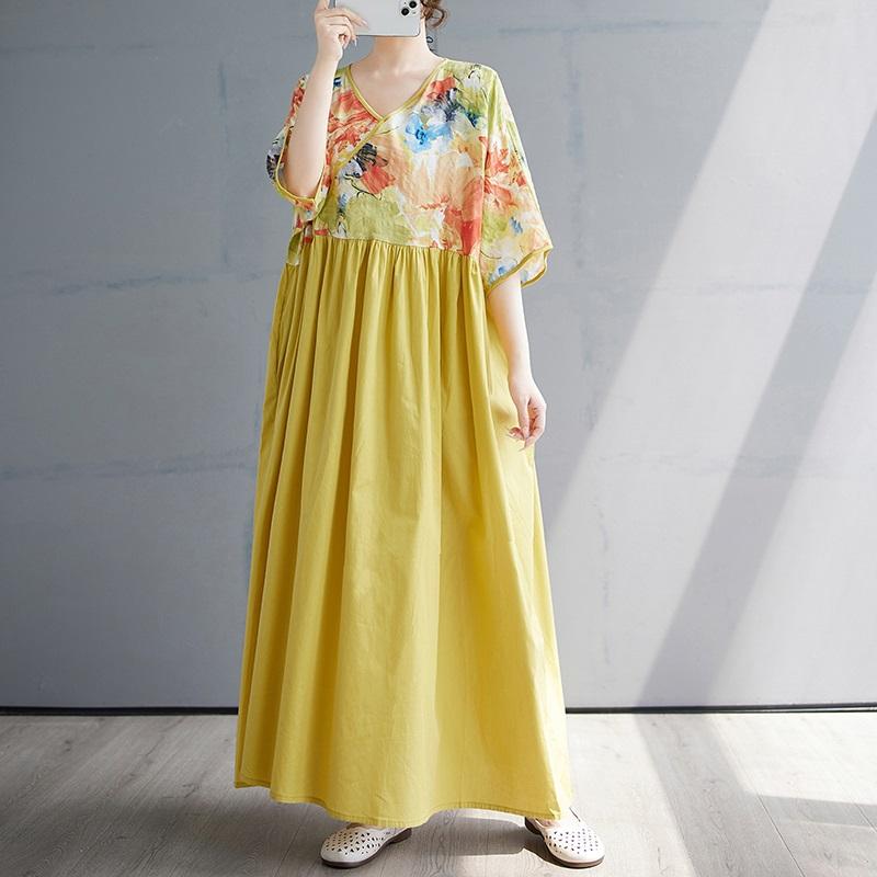 Kurzarm Plus Size Baumwolle Vintage Blumenmuster Neu in Kleidern für Damen lässig locker langes Sommerkleid