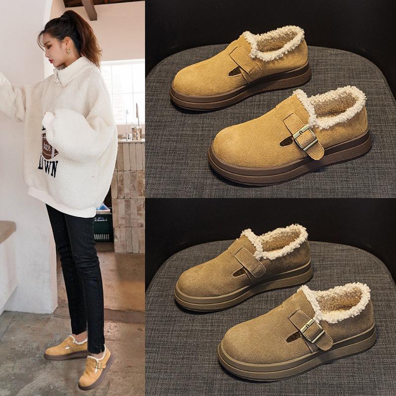Buckle Women's Autumn and Winter Fur Integrated Cotton Shoes Thick Sole Heightening Round Head Retro Matte