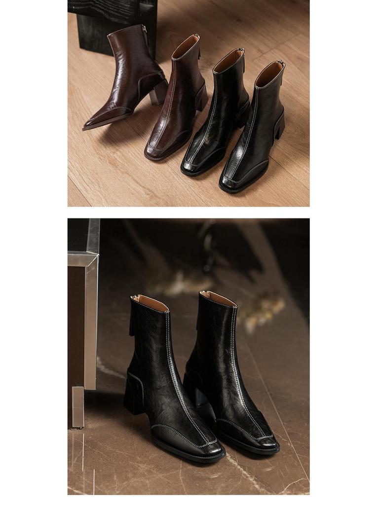Retro Square Toe High Heel Ankle Boots for Women - Autumn/Winter Chunky Martin Boots In British Style, Red/Brown, 6CM Heel.