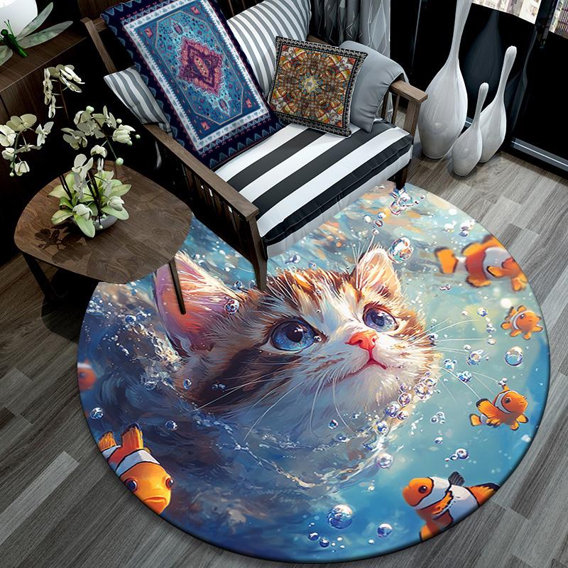 Kitten Clownfish Round Area Rug,Carpet Rug for Living Room Bedroom Sofa Playroom Decor,Non-slip Floor Mat