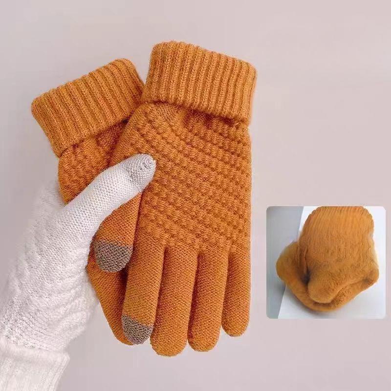 

Зимние теплые студенческие вязаные утолщенные бархатные перчатки с пятью пальцами и сенсорным экраном, устойчивые к холоду, с цветными блоками для велоспорта для женщин one size