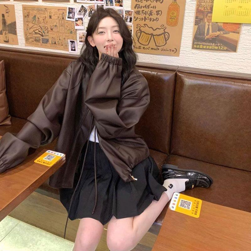 Locomotive Style Leather Jacket Retro Autumn Maillard Loose Leather Jacket Lazy Style Top Jacket Women