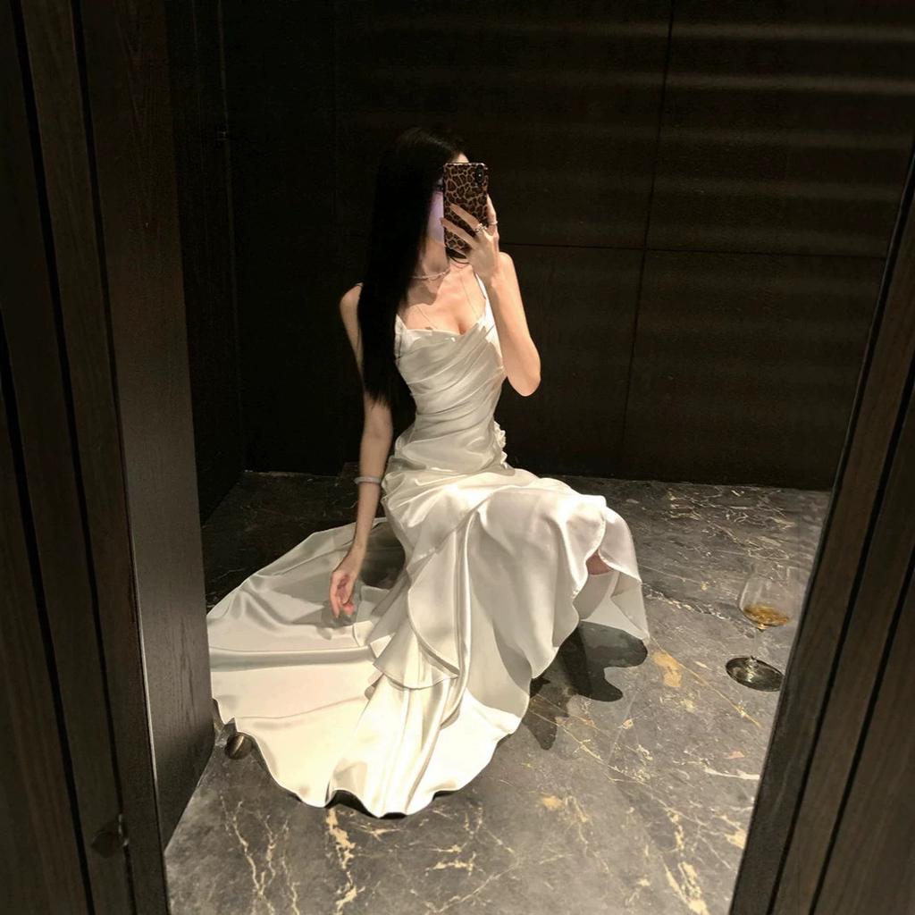 French Satin Suspender Skirt Temperament White Dress Women's New Summer Dress Elegant Irregular Fishtail Long Dress Dress