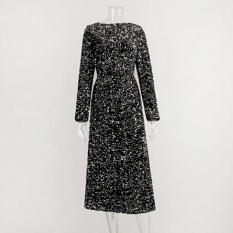 

Fashion New Arrival Velvet Sequin Silm Formal Dress Sequins Dress round Neck Sequin Dress Black S
