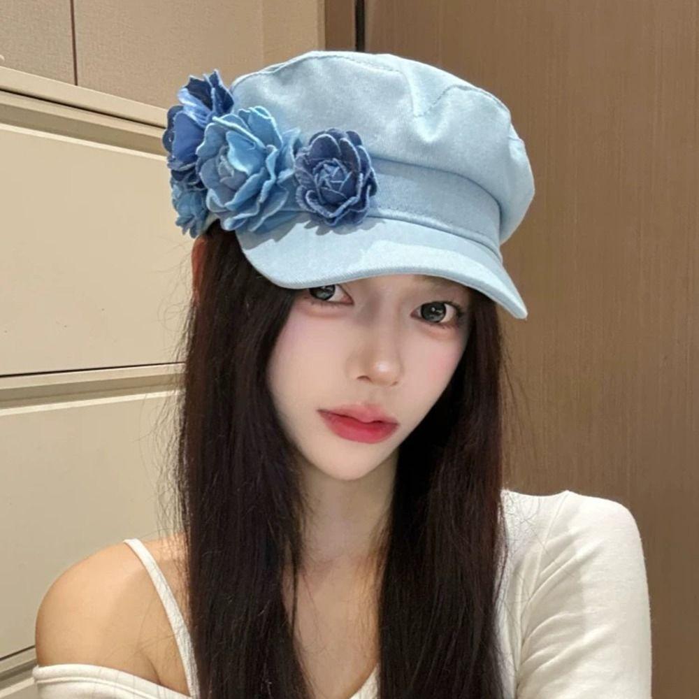 Adjustable Denim Camellia Beret Hat Artistic Painter Caps Vintage Flower Flat Top Hat  Lady