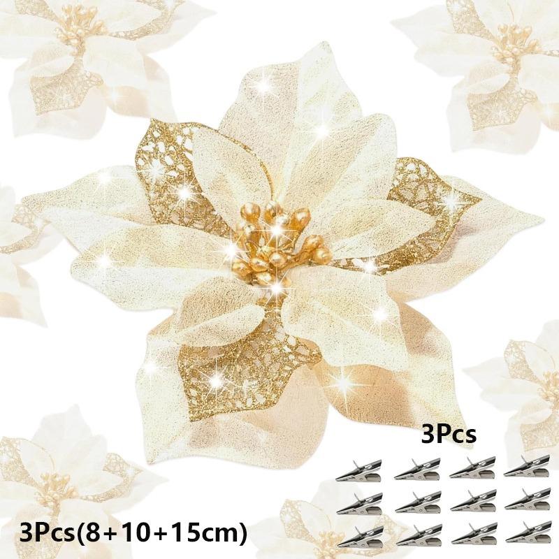 6Pcs 8/10/15cm Christmas Flower Decoration Sparkle Xmas Tree Hanging Ornament for Navidad Artificial Wreath Craft New Year Gifts