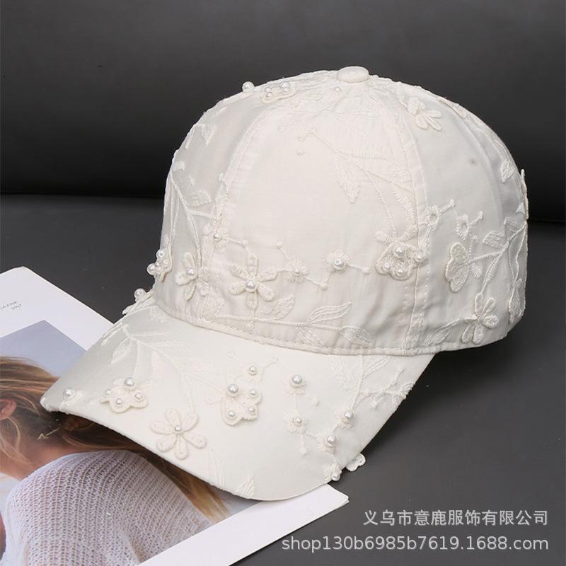 Spring Summer New Lace Mesh Breathable 6-Panel Adjustable Adult Women s Korean-style Pearl Flower Diamond Baseball Cap разноцветный