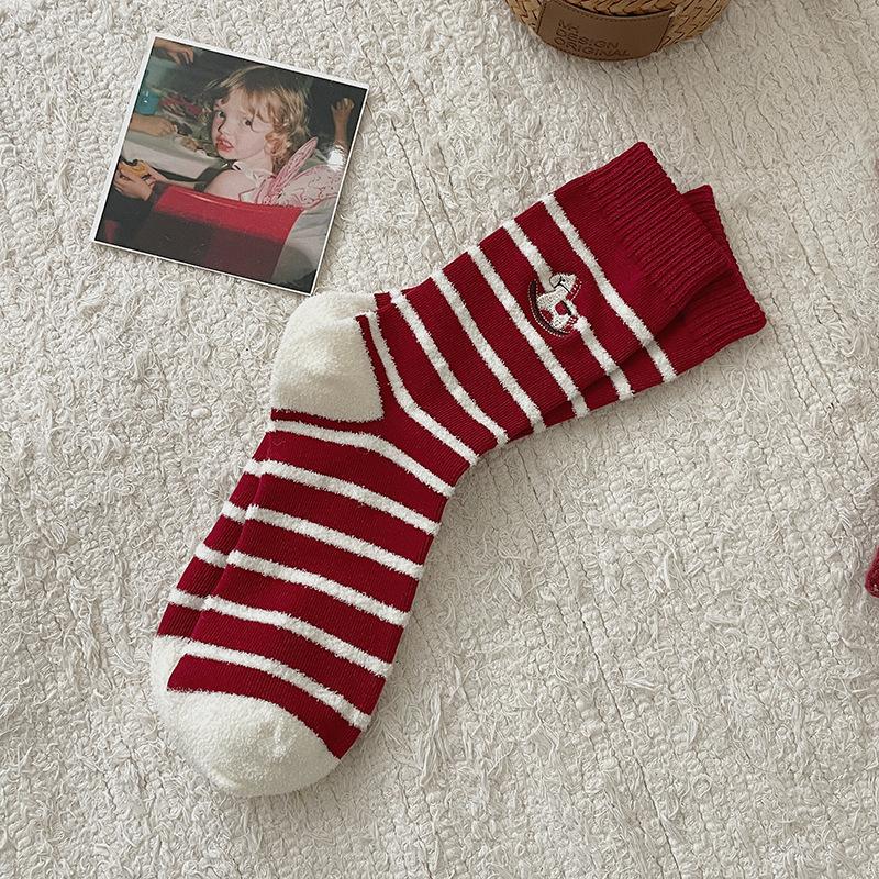 Year Of The Horse Red Socks Mid-Leg Socks Season Thickened Warm Embroidered Pony 26 New Year'S Stockings