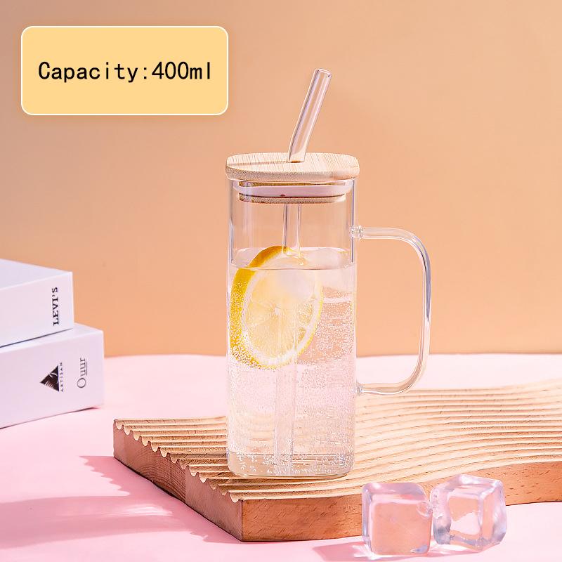 400ML Wide Mouth Mason Jar Drinking Glasses with Bamboo Lids & Straws And Square Color Handle Cup Beer Iced Coffee