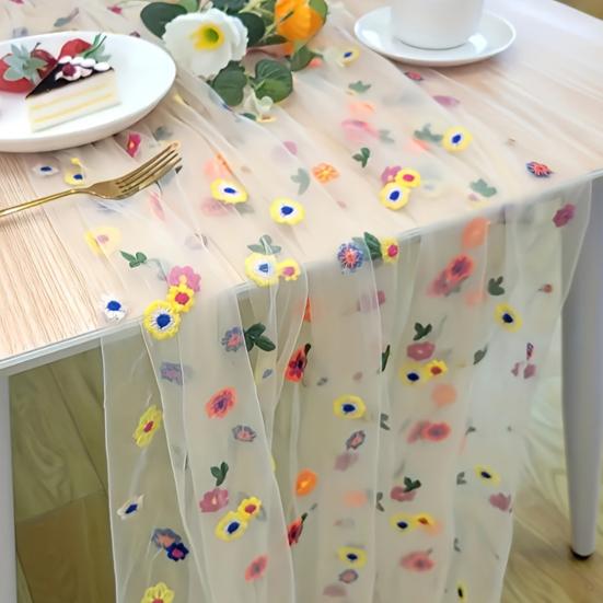 Embroidered Flower Table Runner Sheer Mesh Gauze Tablecloth for Spring Summer Delicate Floral Lace Table Decor for Wedding Party Dining Table
